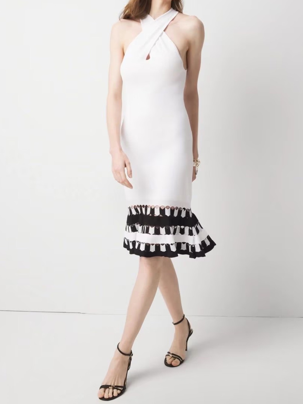 White Cross-Neck Maxi Dress with Black Hem Detail
